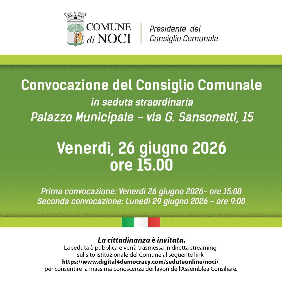 Convocazione del Consiglio Comunale del 26 giugno 2026